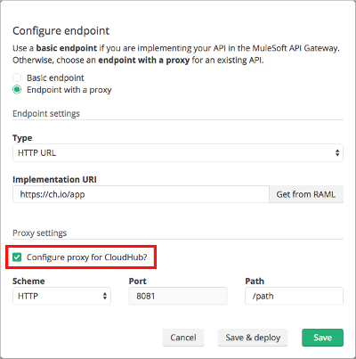 CloudHub deployment configuration showing proxy settings and port configuration