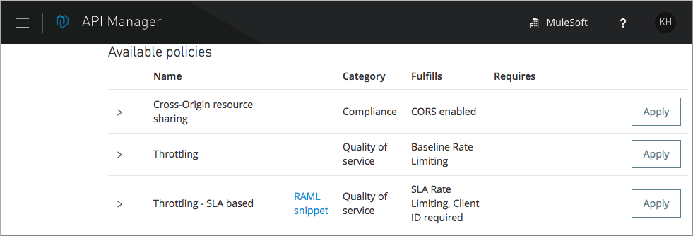 API version details page with Policies section and RAML snippet links