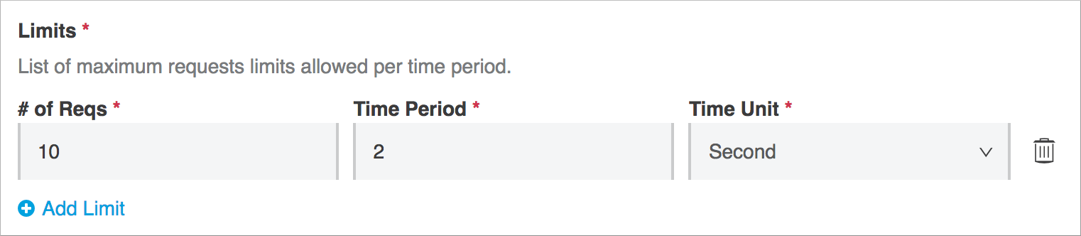Rate limiting configuration panel with request count and time window settings