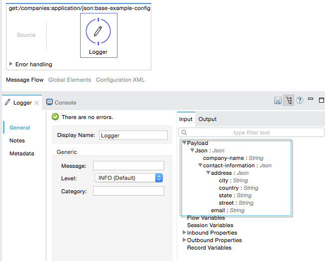 A console with a message and payload details for a company record